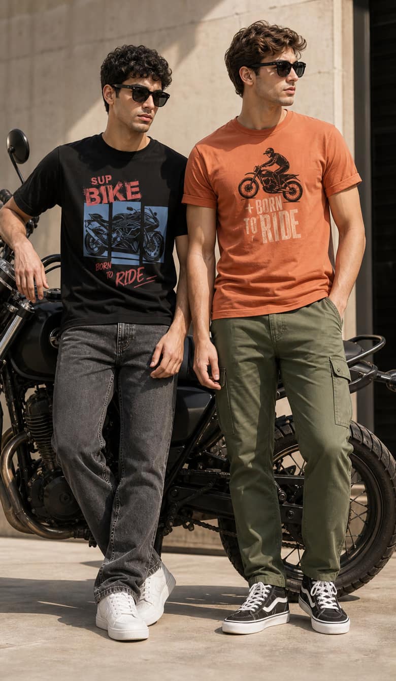 Men wearing High on Soda bike graphic T-shirts