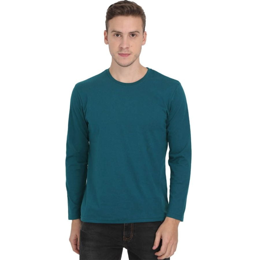 Men's Petrol Full Sleeve Round Neck Plain T-Shirt