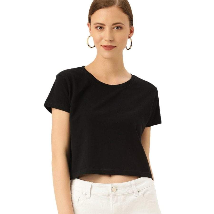 Plain Women's Black Half Sleeve Crop top