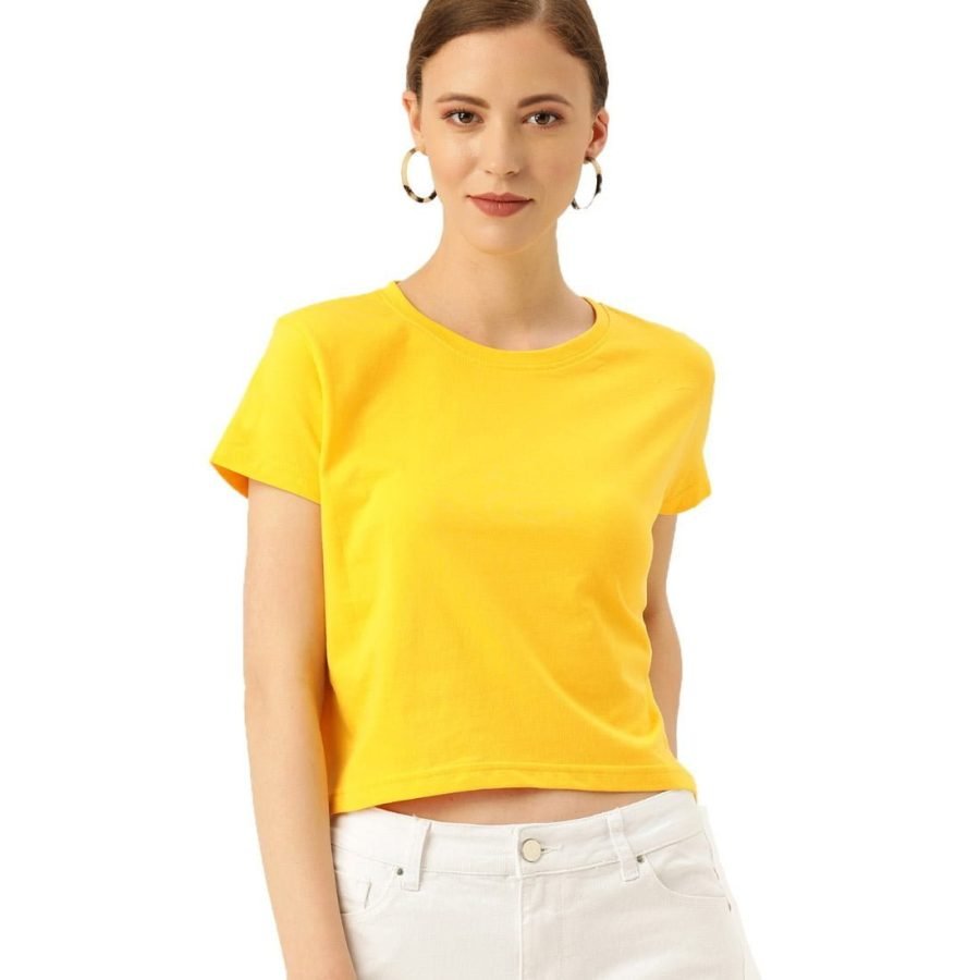 Plain Women's Yellow Half Sleeve Crop top