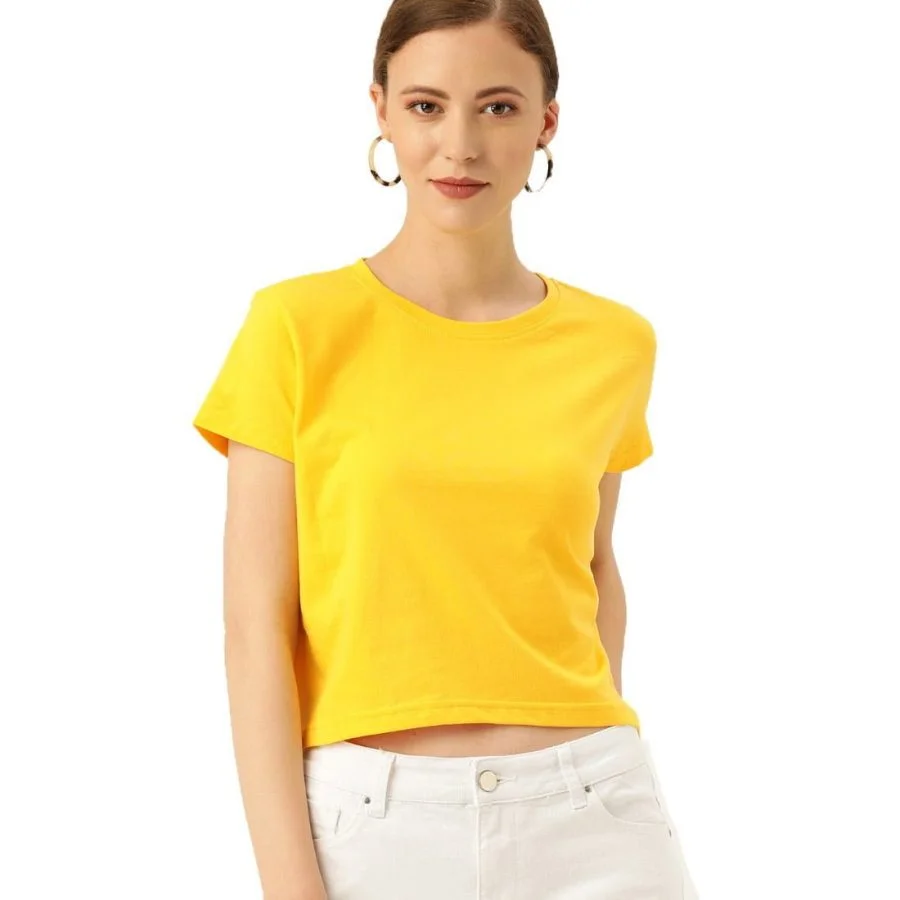 Plain Women's Yellow Half Sleeve Crop top