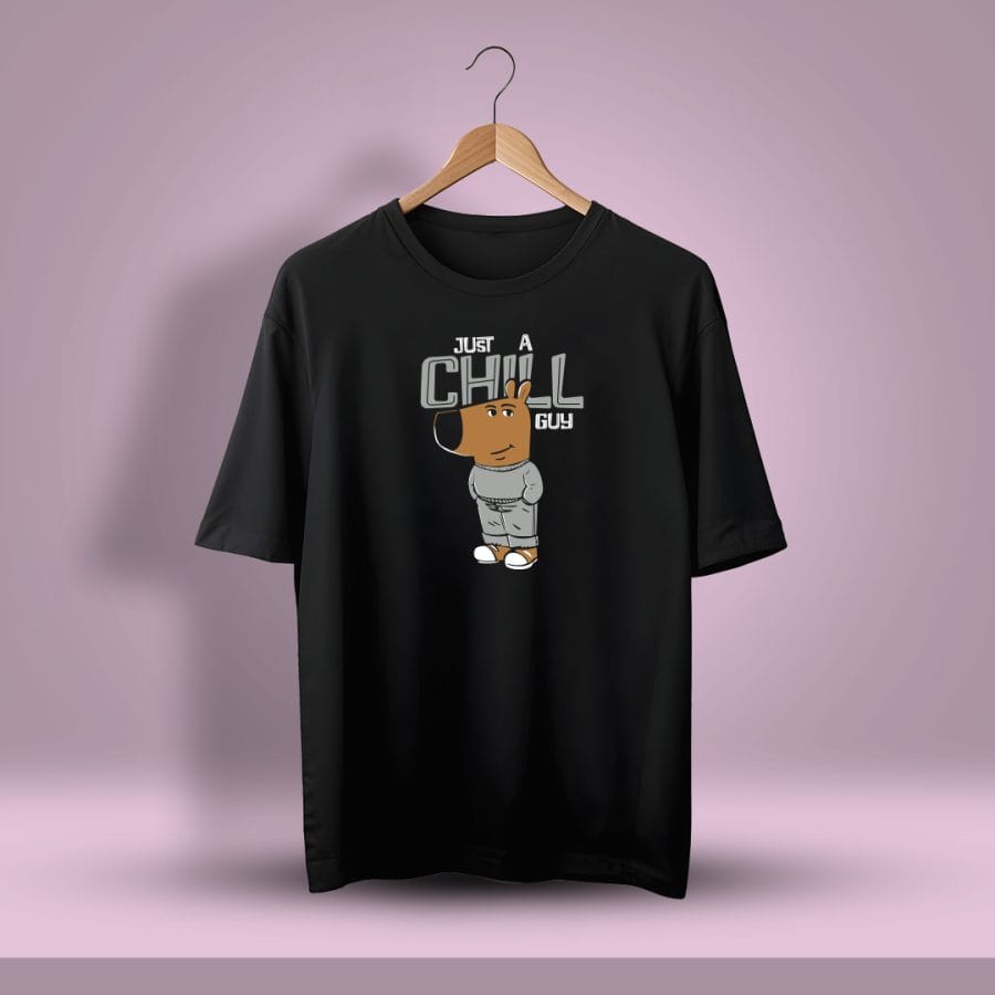 Just A Chill Guy Black Oversized Printed T-Shirt For Men - Half Sleeve